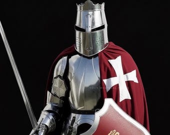 Mittelalterliches Ritter Rüstungs-Set | Kreuzritter Helm, rotes Löwenschild, Ganzstahlanzug