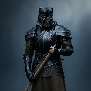 Peut inclure: Une personne porte une armure noire, comprenant un casque, une plaque de poitrine et des protège-jambes. L'armure a une finition métallique foncée avec des détails complexes. La personne tient une lance en bois. Le fond est gris.