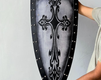 Handmade Gothic Shield Wall Decor: Black Cross Medieval Crusader Art