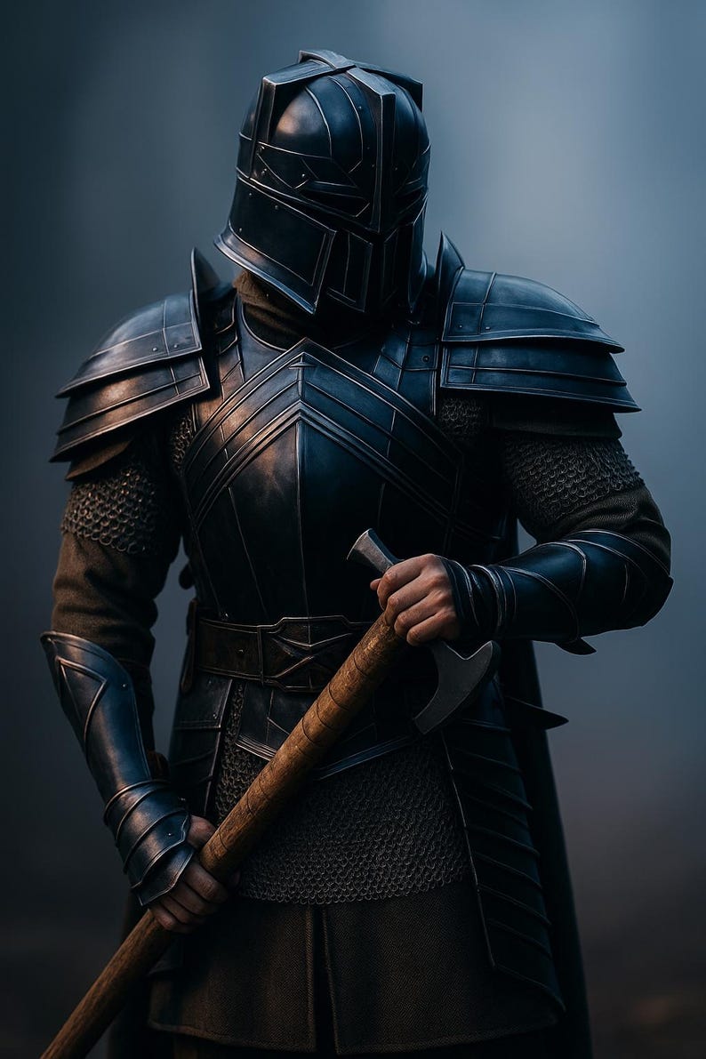 May include: A person in dark blue armor, including a helmet, shoulder guards, and chest plate, holding a wooden-handled axe. The armor has a metallic sheen, and the background is a blurred, dark blue.