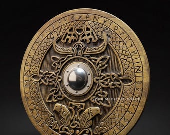 Hand-Carved Viking Wooden Shield – Norse Knotwork Decor, LARP Shield