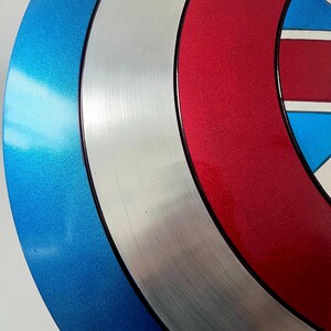 May include: A close-up of a shield with concentric circles in blue, silver, and red. The shield has a black border and a design featuring the Union Jack. The shield is a collectible item.
