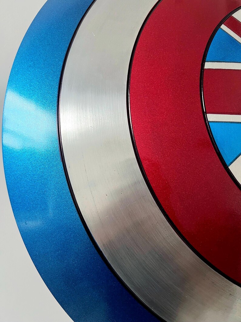 May include: A close-up of a shield with concentric circles in blue, silver, and red. The shield has a black border and a design featuring the Union Jack. The shield is a collectible item.