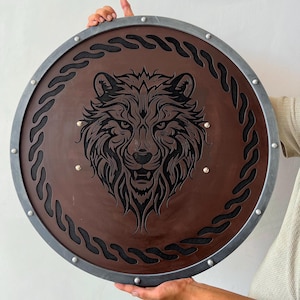 Engraved Lion Viking Shield: Handmade Norse Wall Decor, LARP Cosplay