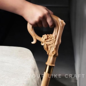 Carved Wooden Walking Stick | Floral Cane for Men | Handmade Wood Cane | Lightweight Gift Cane | Natural Finish Gentlemen's Stick