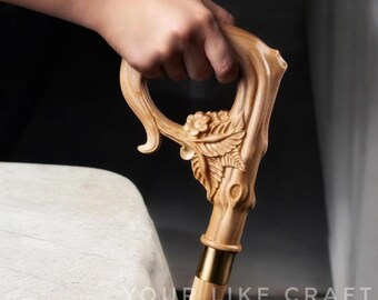 Hand Carved Floral Wooden Walking Stick: Natural Beige Hardwood Cane