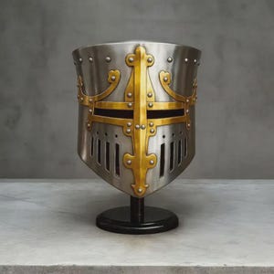 Puede incluir: Casco de caballero plateado con diseño de cruz dorada y remaches. El casco está montado sobre un soporte negro, mostrando su diseño histórico. La cara del casco presenta ranuras verticales para la visión y la ventilación.