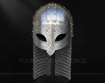 Handmade Viking Helmet with Chainmail | Nordic Engraved Steel Helmet | LARP, Cosplay, Reenactment, Collectible Armor