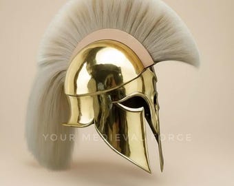 Casque spartiate fait main en laiton doré avec armure cosplay écusson blanc