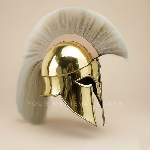 Handmade Golden Brass Spartan Helmet with White Crest Cosplay Armor