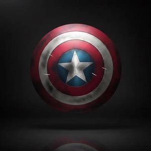 May include: A circular shield with a red, white, and blue color scheme. The shield features a white star on a blue background at the center, surrounded by concentric white and red rings. The shield has a distressed, battle-worn appearance.