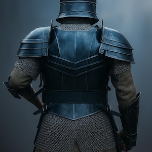 May include: A detailed view of medieval armor, showcasing a dark blue helmet, shoulder plates, and chest armor. The design includes chainmail and a belt, with a hammer visible. The armor is designed for protection.
