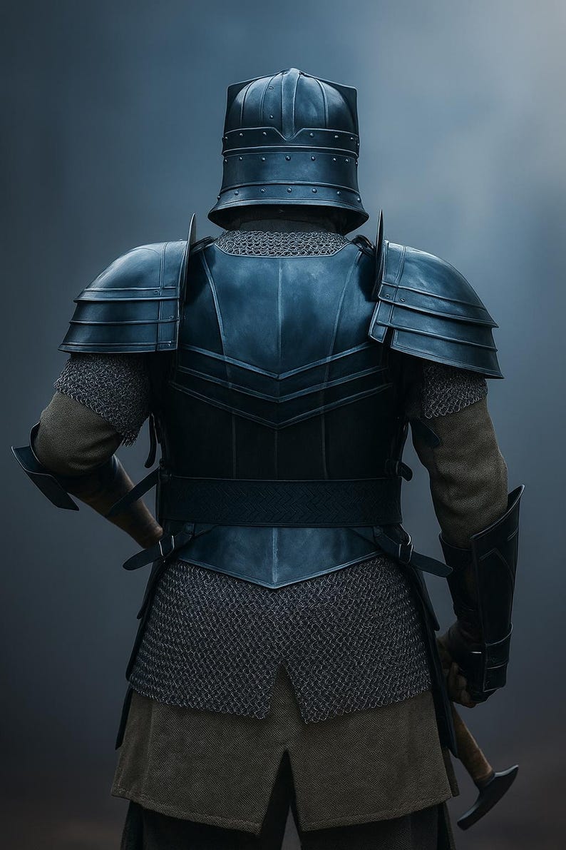 May include: A detailed view of medieval armor, showcasing a dark blue helmet, shoulder plates, and chest armor. The design includes chainmail and a belt, with a hammer visible. The armor is designed for protection.