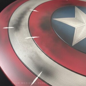 May include: A close-up of a Captain America shield. The shield features a red outer ring, a silver middle ring, and a blue center with a white star. The shield has a distressed look with some dark shading and white accents. The text "YOUR MEDIEVAL FORCE" is visible.