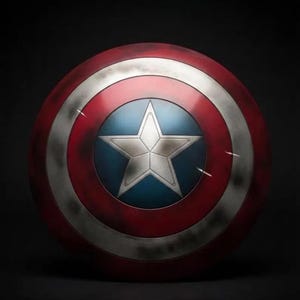 May include: A Captain America shield, featuring a red and white concentric circle design with a blue center. A large, silver star is centered on the blue field. The shield has a distressed, battle-worn appearance, with dark smudges and scratches.