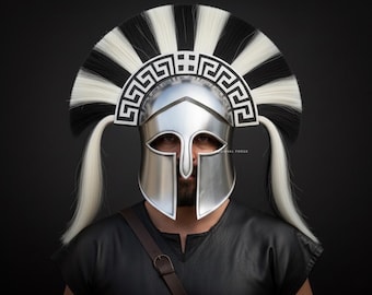 Casco griego espartano hecho a mano / Cresta blanca y negra, cosplay LARP