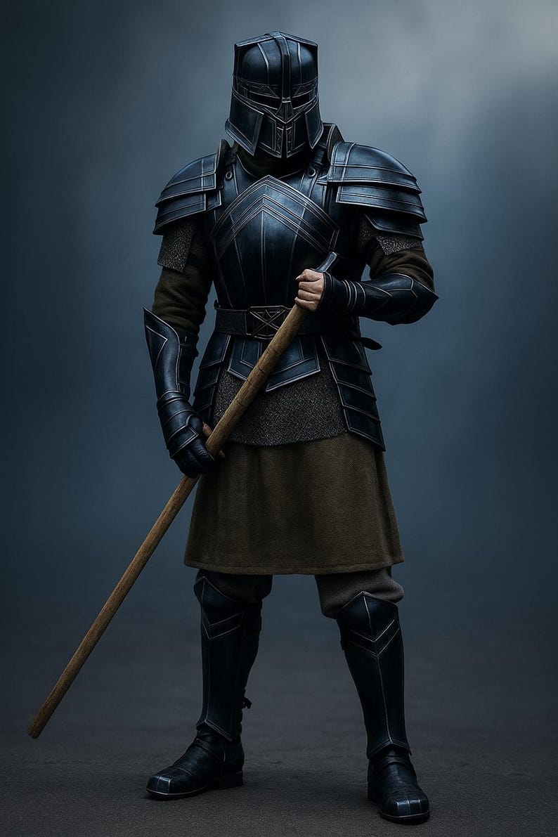 May include: A full-body shot of a person in black armor, including a helmet, chest plate, and leg guards. The armor has a dark, metallic finish with intricate detailing. The person is holding a wooden staff. The background is a muted gray.