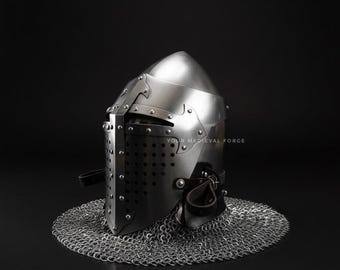 Handmade Medieval Crusader Steel Helmet with Chainmail Aventail