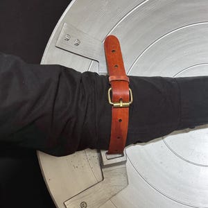 May include: A silver-colored shield with concentric circular grooves. A brown leather strap with a gold-colored buckle is attached to the shield. The shield has metal brackets attached to the back.