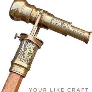 Engraved Brass Telescope Walking Stick with Compass – Vintage Wooden Cane | Nautical Spyglass Cane | Victorian Gentleman Gift