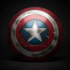 May include: A round shield with a red and silver outer ring, a blue center with a silver star, and the text "YOUR MEDIEVAL FORGE" at the bottom. The shield has a distressed, battle-worn appearance.