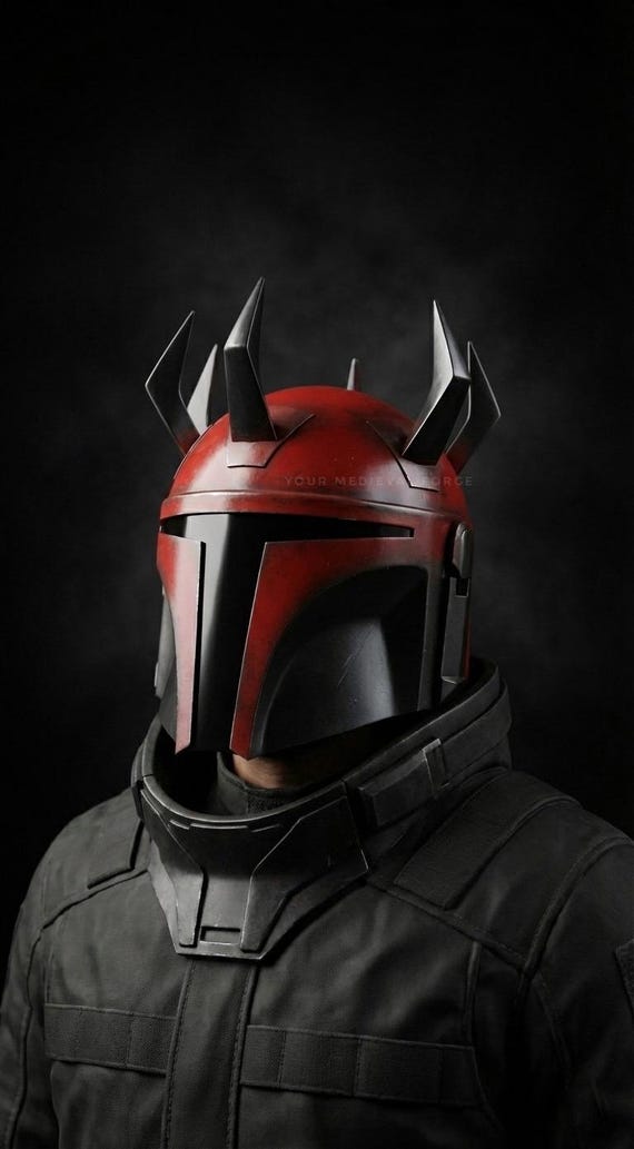 Horned Mandalorian Helmet Replica | Red & Black Sci-Fi Helmet | Custom Bounty Hunter Cosplay Helmet | Display Prop