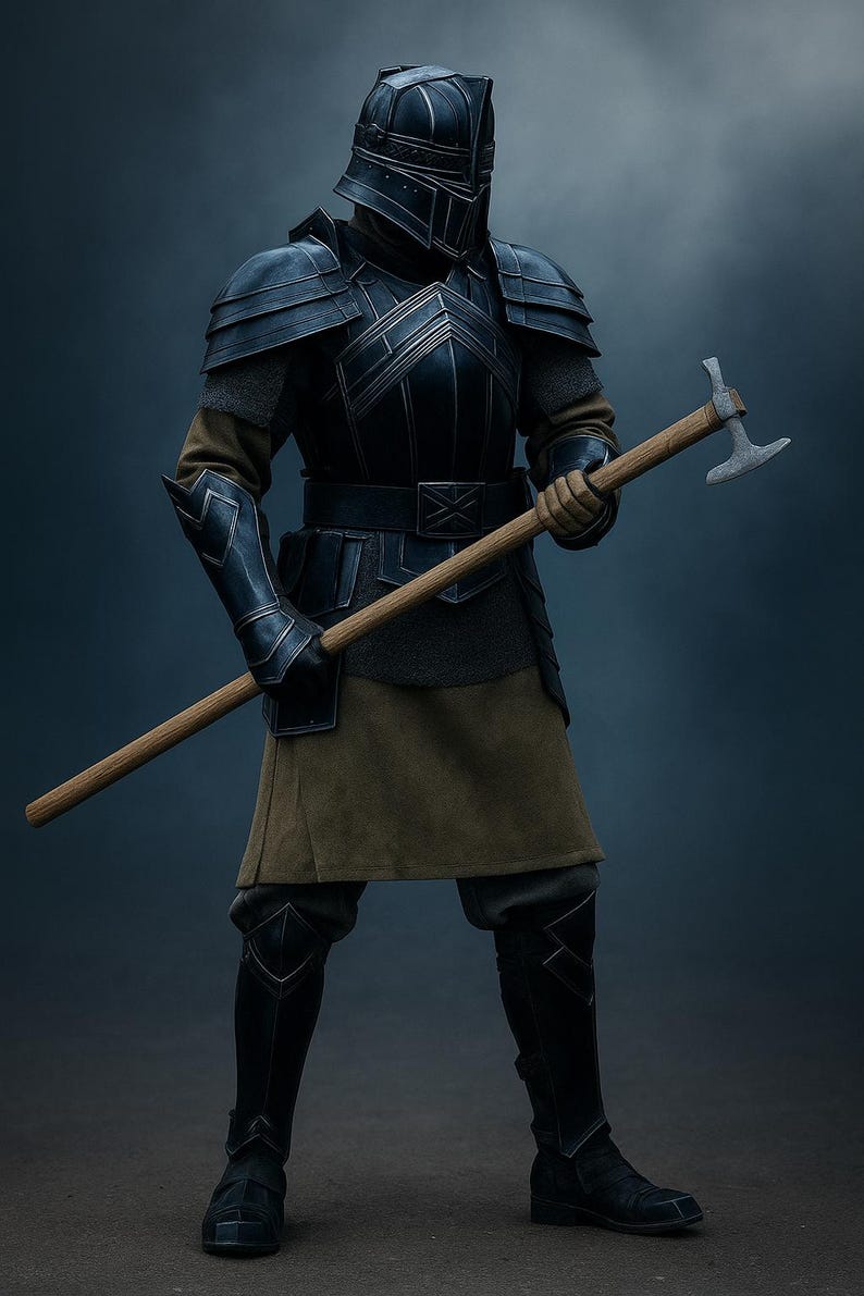 May include: A full-body shot of a person in dark armor, holding a wooden-handled axe. The armor is black with silver accents, including a helmet, shoulder pads, and leg guards. The person is wearing a brown tunic and black boots. The background is a dark blue.