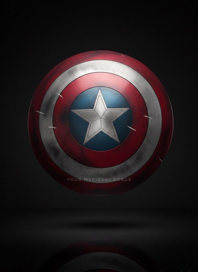 May include: A round shield with a red and silver outer ring, a blue center, and a silver star. The text "YOUR MEDIEVAL FORCE" is at the bottom. The shield has a distressed, aged appearance.