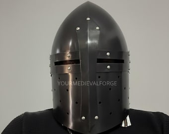 Gran Yelmo de Cruzado de Acero Negro Hecho a Mano - Armadura de Caballero Medieval