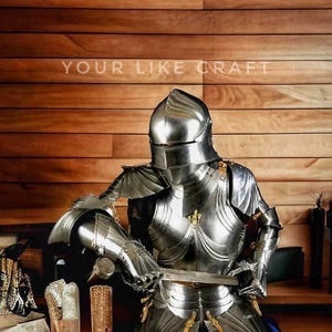 Gothic Medieval Half Armor Suit – Steel Breastplate, Pauldrons & Helmet – Handmade Knight Cosplay Armor – LARP, Display, Costume