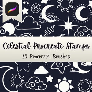 May include: A digital art graphic with a dark blue backdrop, showcasing white celestial illustrations of moons, stars, clouds, and suns. The text "Celestial Procreate Stamps" and "25 Procreate Brushes" are displayed in a banner. A Procreate app icon is in the upper left corner.