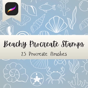 May include: A digital art graphic featuring a light blue background with white line drawings of seashells, fish, and coral. The text "Beachy Procreate Stamps" and "25 Procreate Brushes" are displayed on a white banner. A colorful app icon is in the upper left corner.
