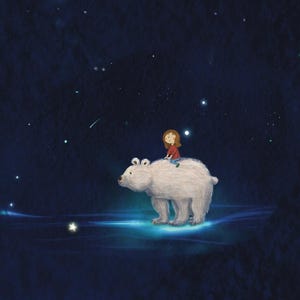 May include: A digital illustration featuring a small person with brown hair wearing a red shirt and blue pants sitting on the back of a large white polar bear. The bear stands on a glowing blue surface against a dark blue starry night sky.