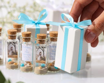 Beach Wedding Favors - Blue Sand Bottles in Bulk - Unique Nautical Guest Gifts - Wedding Favor with Photo - Destination Wedding Sand Bottle