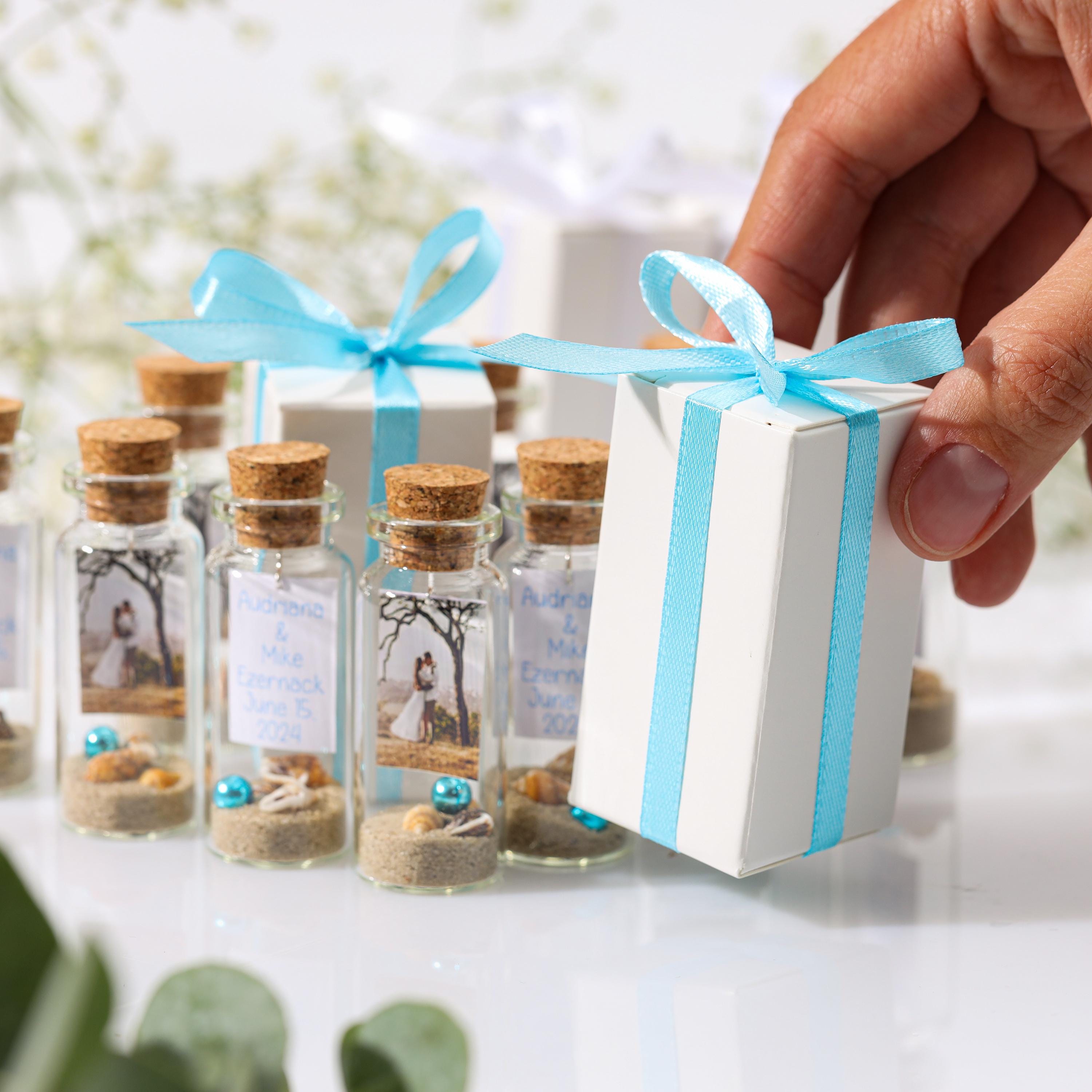 Beach Wedding Favors - Blue Sand Bottles in Bulk - Unique Nautical Guest Gifts - Wedding Favor with Photo - Destination Wedding Sand Bottle