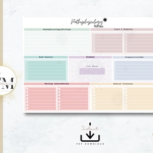 May include: Printable PDF worksheet for studying pathophysiology. The worksheet is divided into sections for pathophysiology/etiology, risk factors, disease, signs and symptoms, diagnostics/labs, nursing interventions, and medical treatment. Each section has a list of blank lines for writing notes.