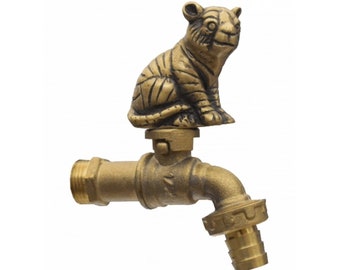 Vintage Brass Sanam Cork - Sitting Tiger Garden Faucet Spigot - Outdoor Water Tap Decor