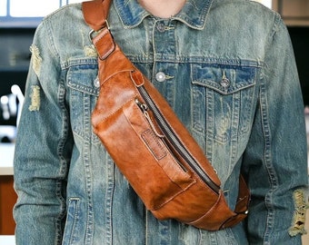 Personalized Leather Crossbody Bag Sling Chest Bag Travel bag in Tan Brown