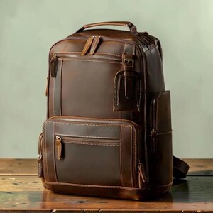 Peut inclure: Un sac à dos en cuir marron foncé doté de multiples compartiments zippés, d'une poignée supérieure et d'une étiquette de bagage assortie. Le sac comprend une grande poche avant, des poches latérales et des coutures visibles sur les bords.