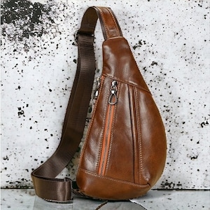 Sac poitrine à bandoulière en cuir véritable | Sac à bandoulière triangulaire unisexe | Sac à dos décontracté | Sac à bandoulière cadeau pour elle et lui