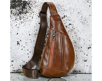 Genuine Leather Crossbody Chest Bag | Unisex Triangle Sling Pack | Casual Daypack | Shoulder Bag Gift for Him & Her