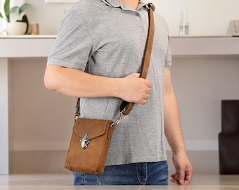 Mens Leather Crossbody Phone Bags Small Shoulder Bags Mens Waist bag Mobile Phone Bag Pouch Adjustable Strap Coin Purse Wallet Gift For Him