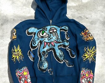 Y2k Harajuku Brand Retro Zipper Hoodie Men Anime Graffiti Print