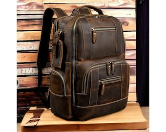 Mochila de couro de grão integral para homens – bolsa para laptop, mochila de viagem, mochila de escritório, presentes para ele