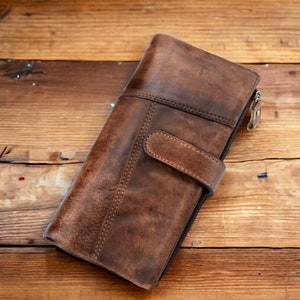 Cartera larga de cuero genuino para hombre y mujer, tarjetero, monedero, estilo Retro de negocios Vintage