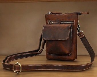 Mens Leather Crossbody Phone Bags Small Shoulder Bags Mens Waist bag Mobile Phone Bag Pouch Adjustable Strap Coin Purse Wallet Gift For Him