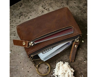 Leather Credit Card Case Holder Retro Leather Casual Coin Purse Card Holder Wallet With Zipper Slim Minimalist Wallet For Men