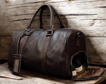 Personalized Full Grain Leather Duffle Bag – Custom Engraved Travel Bag | Gym, Weekend, Overnight Bag for Men And Women