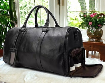 Handgemaakte leren plunjezak met schoenenvak Gepersonaliseerde grote weekendtas Vakantie Feestdagen Reistas Beste mannen cadeau Bruidsjonkers cadeau