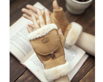Cozy Fingerless Gloves – Fur Lined Suede Winter Gloves for Women, Adjustable Warm Gloves, Perfect Holiday Gift for her